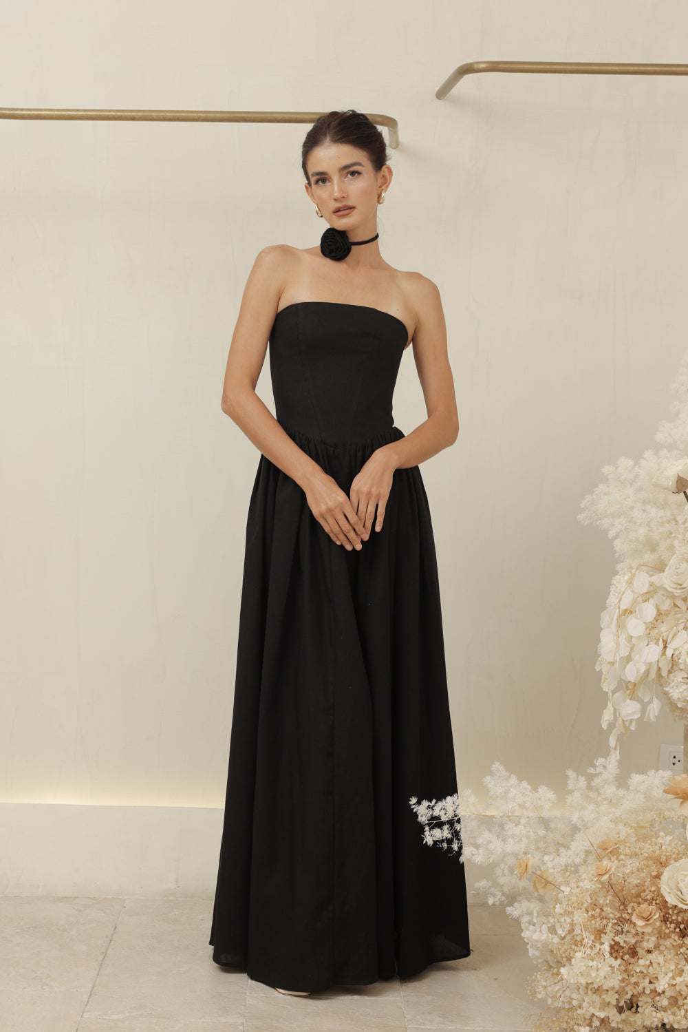 CAPUCINE DRESS Strapless Baroque Style Waist Maxi Dress with Floral Neckpiece (Black Linen)