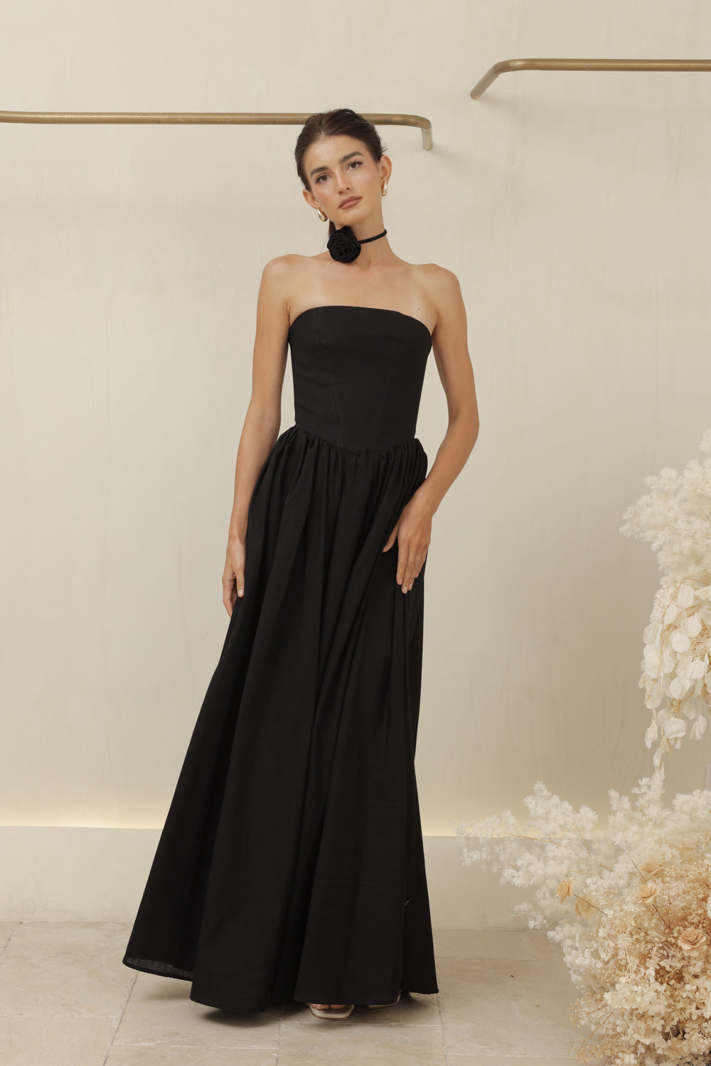 CAPUCINE DRESS Strapless Baroque Style Waist Maxi Dress with Floral Neckpiece (Black Linen)