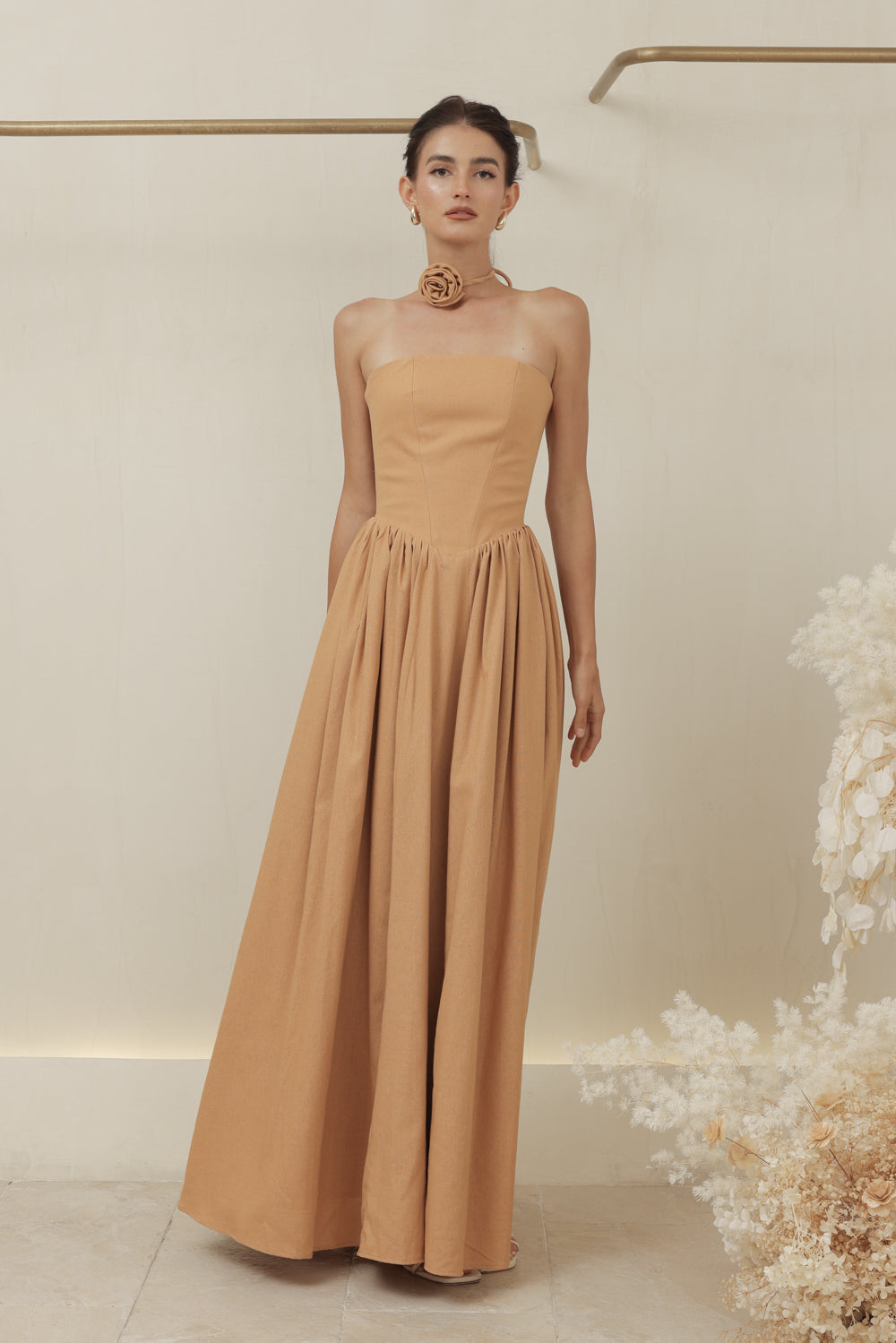 CAPUCINE DRESS Strapless Baroque Style Waist Maxi Dress with Floral Neckpiece (Camel Linen)