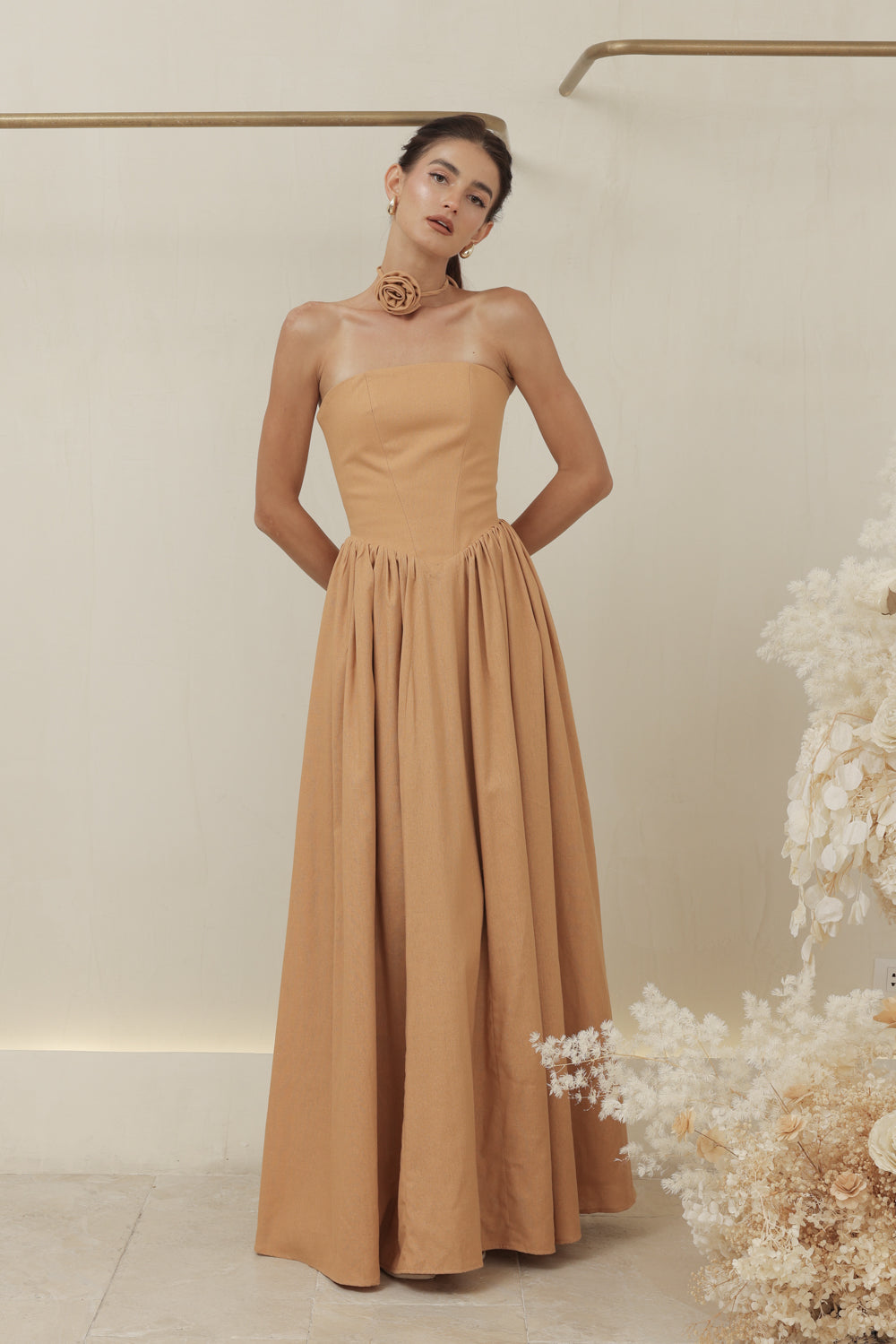 CAPUCINE DRESS Strapless Baroque Style Waist Maxi Dress with Floral Neckpiece (Camel Linen)