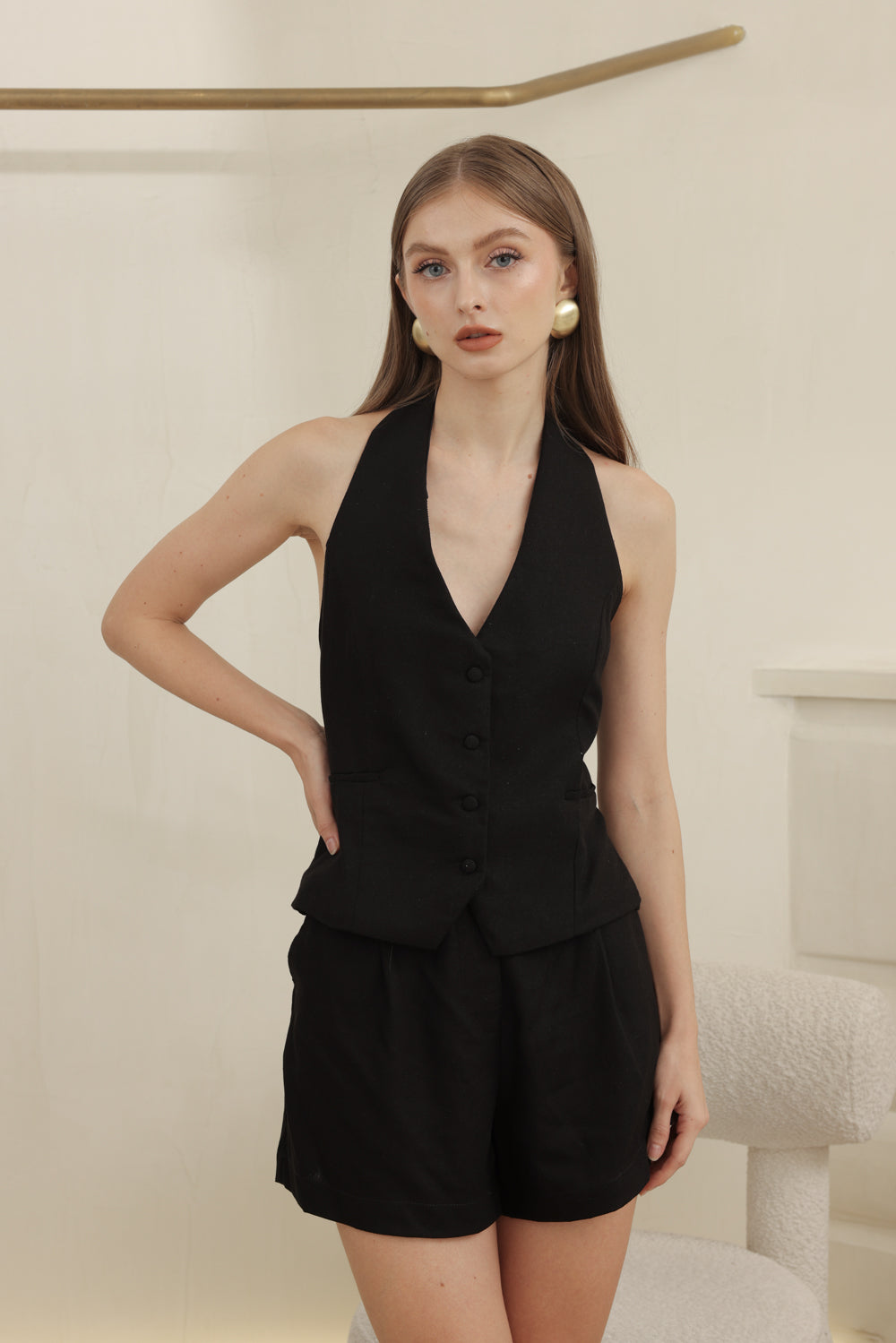 HARRIET SET  Halter Vest and Pleated Trouser Short Set (Black Linen)