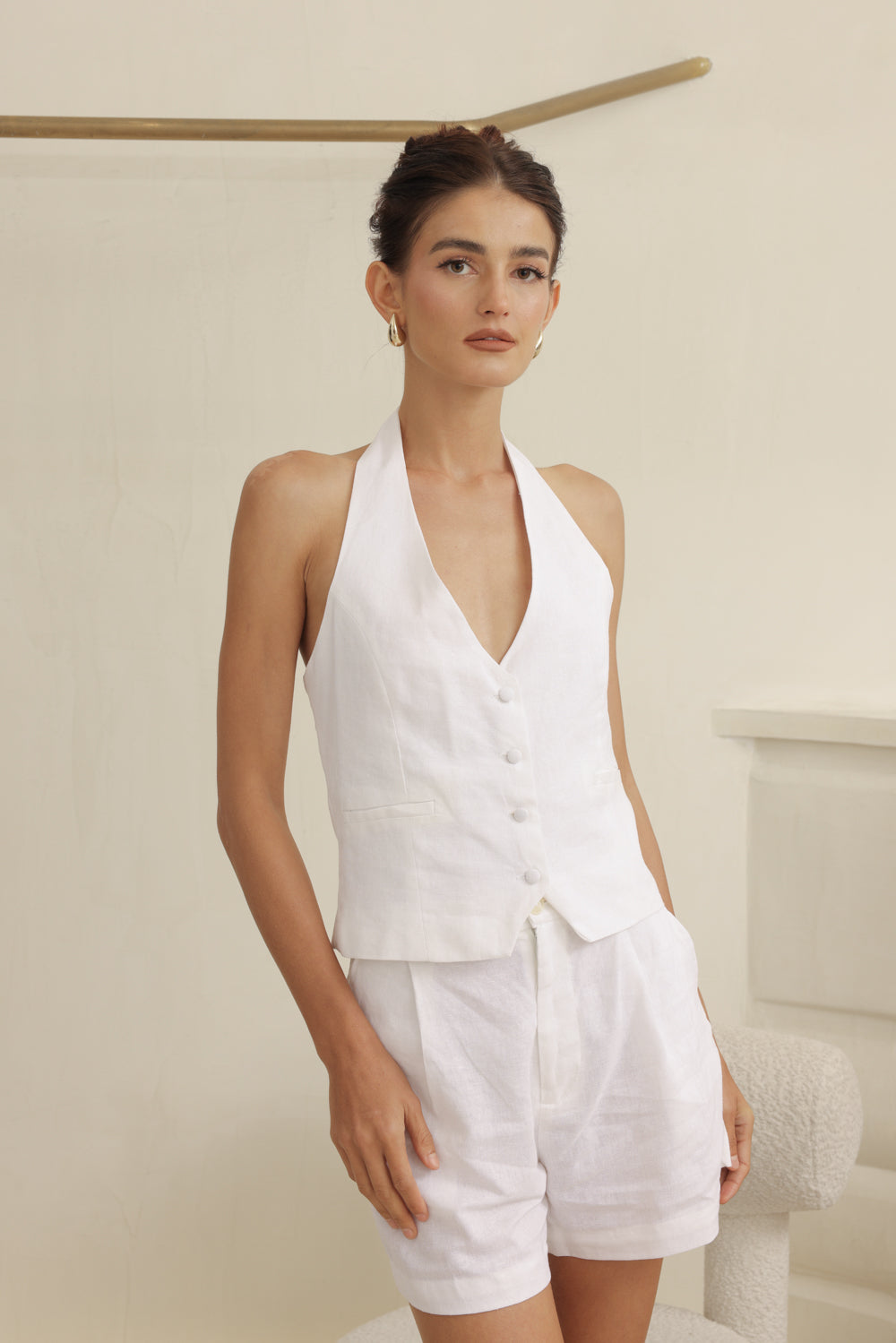 HARRIET SET  Halter Vest and Pleated Trouser Short Set (Ivory White Linen)