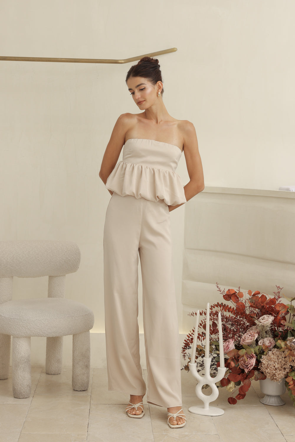 REMI PANT SET Strapless Peplum Top and Straight Cut Pant (Nude Silk Crepe)