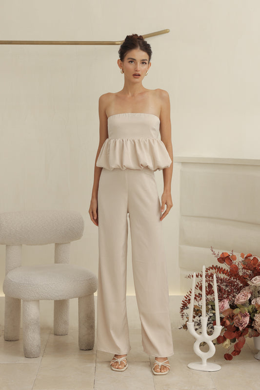 REMI PANT SET Strapless Peplum Top and Straight Cut Pant (Nude Silk Crepe)