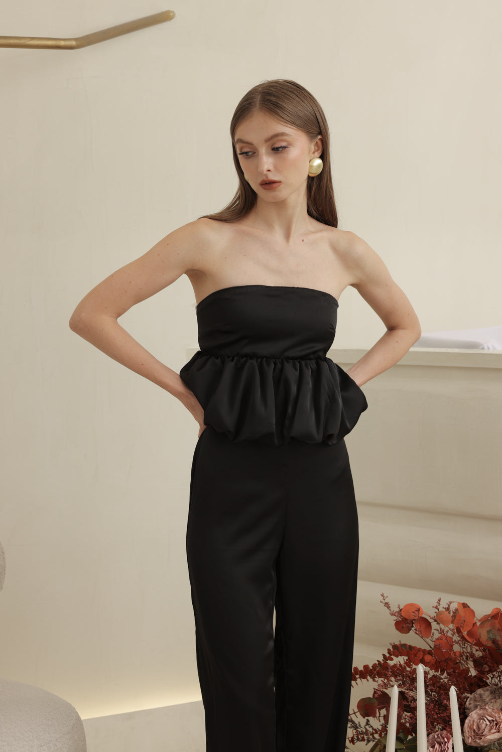 REMI PANT SET Strapless Peplum Top and Straight Cut Pant (Black Silk Crepe)