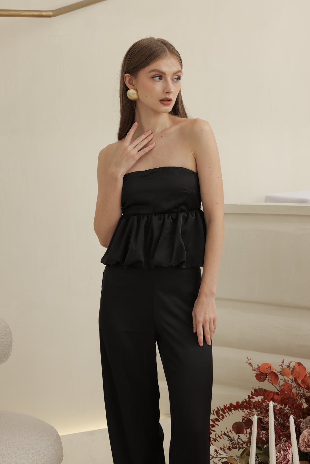 REMI PANT SET Strapless Peplum Top and Straight Cut Pant (Black Silk Crepe)