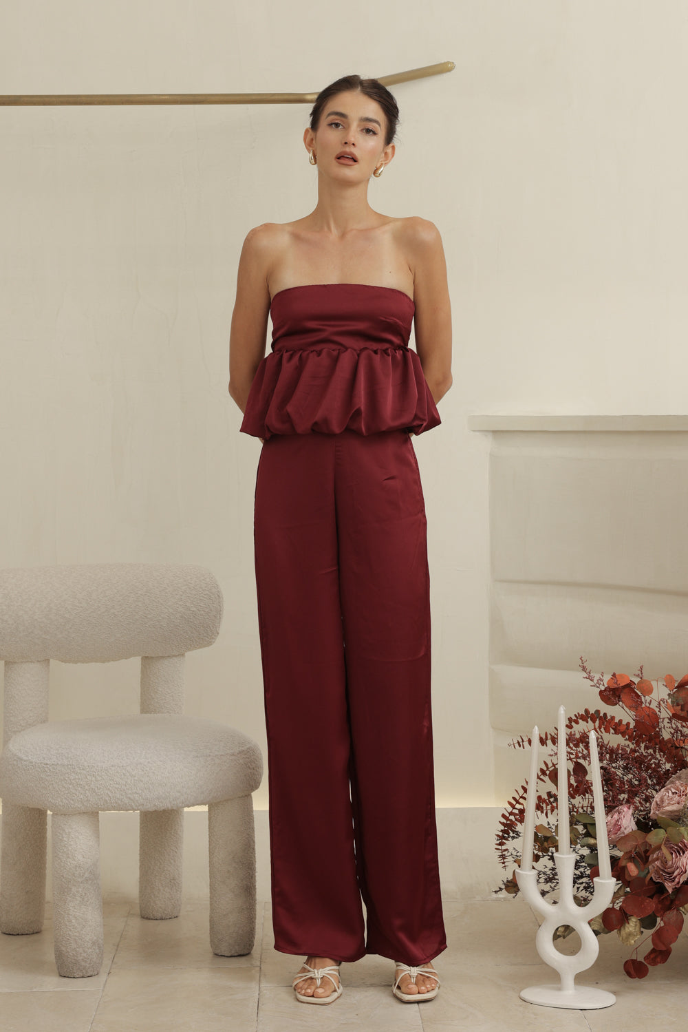 REMI PANT SET Strapless Peplum Top and Straight Cut Pant (Maroon Silk Crepe)