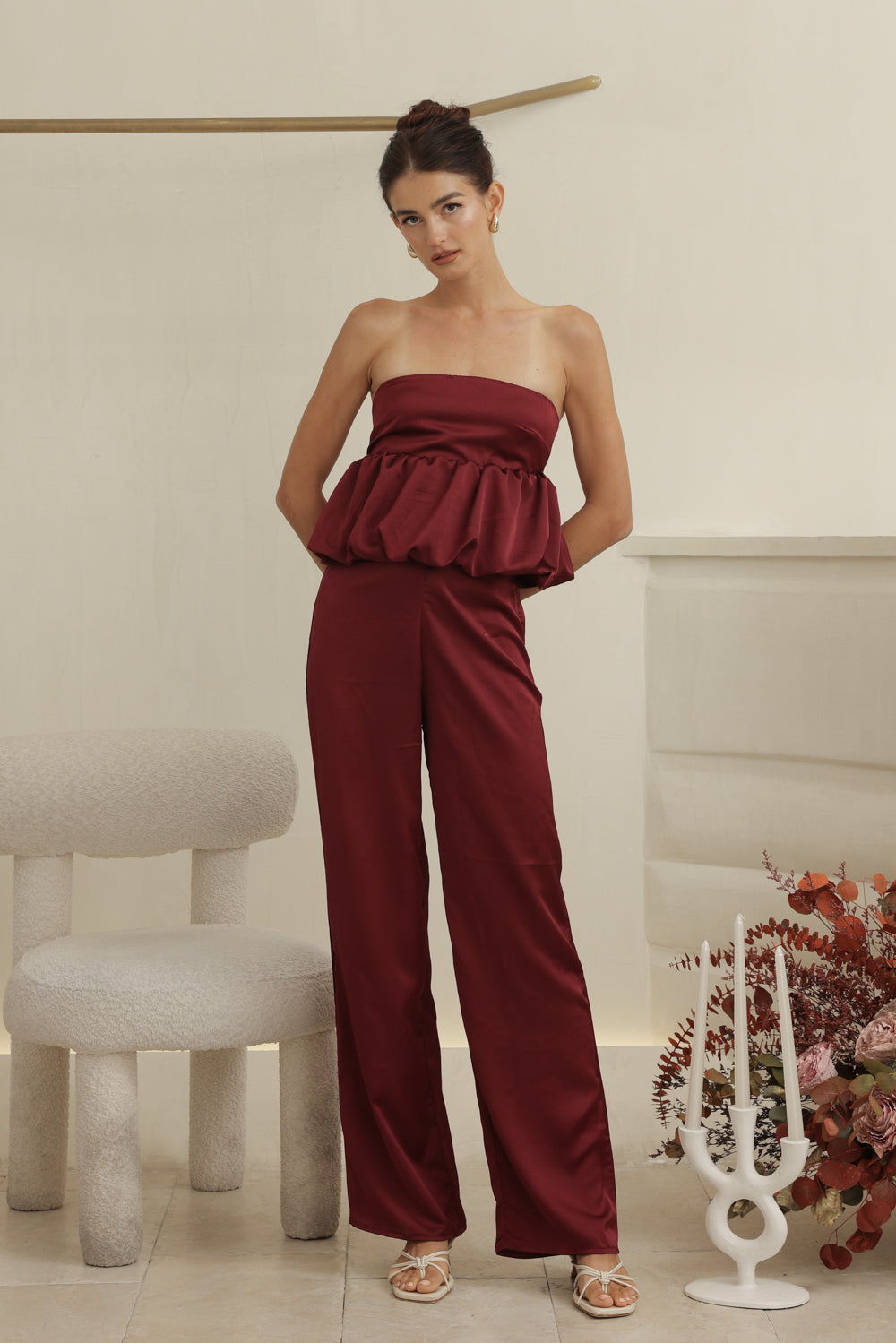 REMI PANT SET Strapless Peplum Top and Straight Cut Pant (Maroon Silk Crepe)