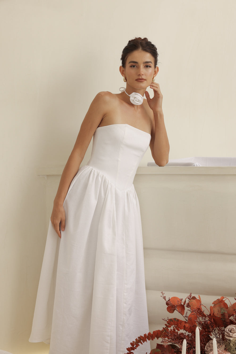 COCO DRESS Strapless Baroque Style Waist Midi Dress with Floral Neckpiece (White Linen)