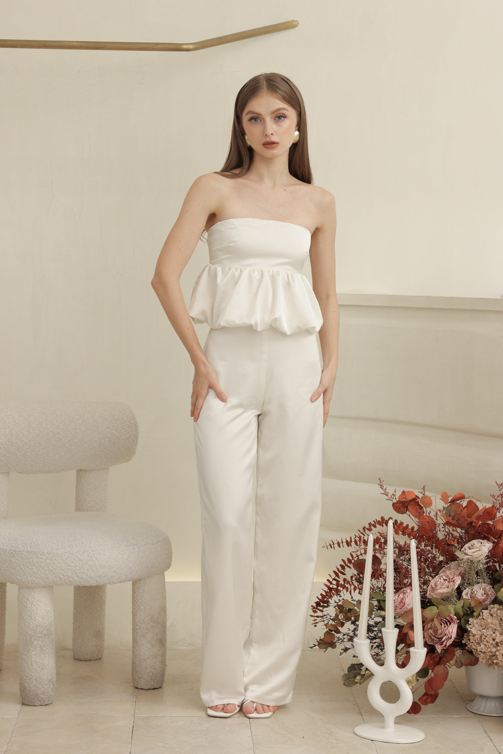 REMI PANT SET Strapless Peplum Top and Straight Cut Pant (Ivory White Silk Crepe)