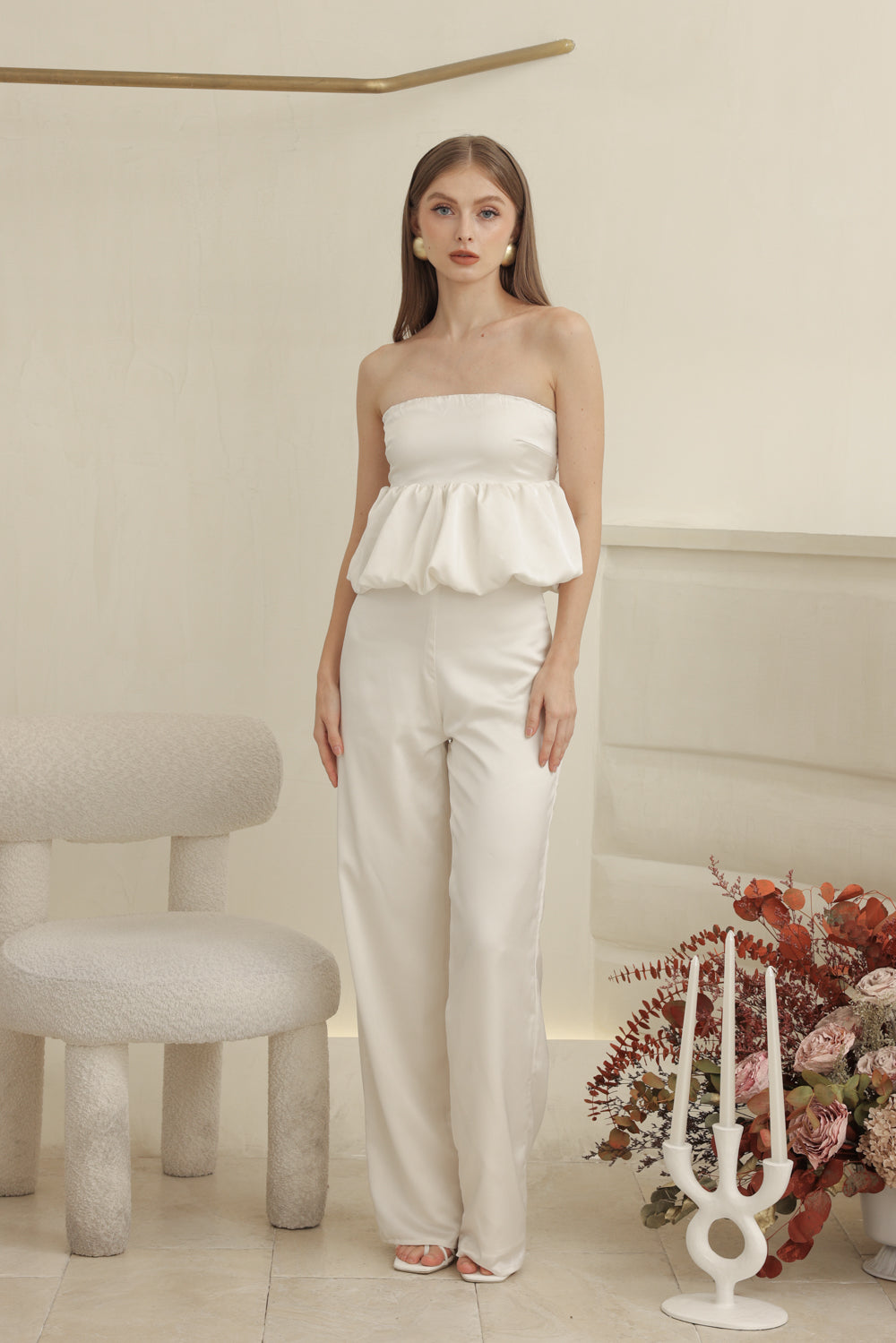 REMI PANT SET Strapless Peplum Top and Straight Cut Pant (Ivory White Silk Crepe)