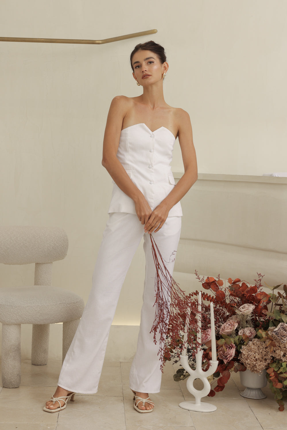 ROMILLY PANT SET Strapless Suit Top and Straight Cut Trouser (White Linen)