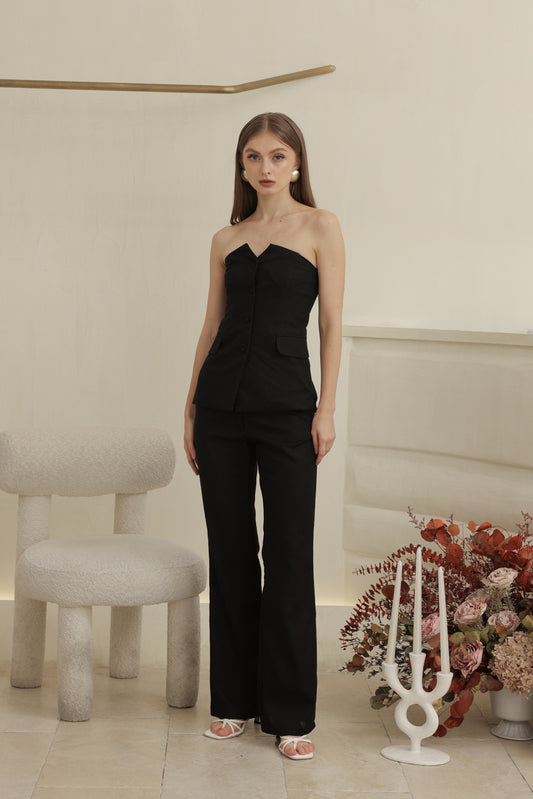 ROMILLY PANT SET Strapless Suit Top and Straight Cut Trouser (Black Linen)