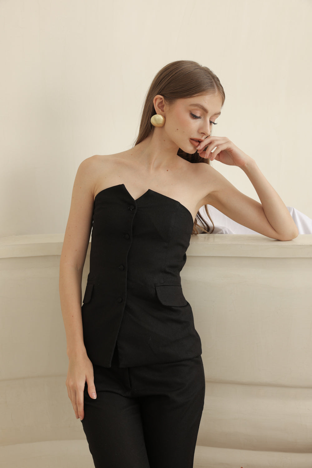 ROMILLY PANT SET Strapless Suit Top and Straight Cut Trouser (Black Linen)