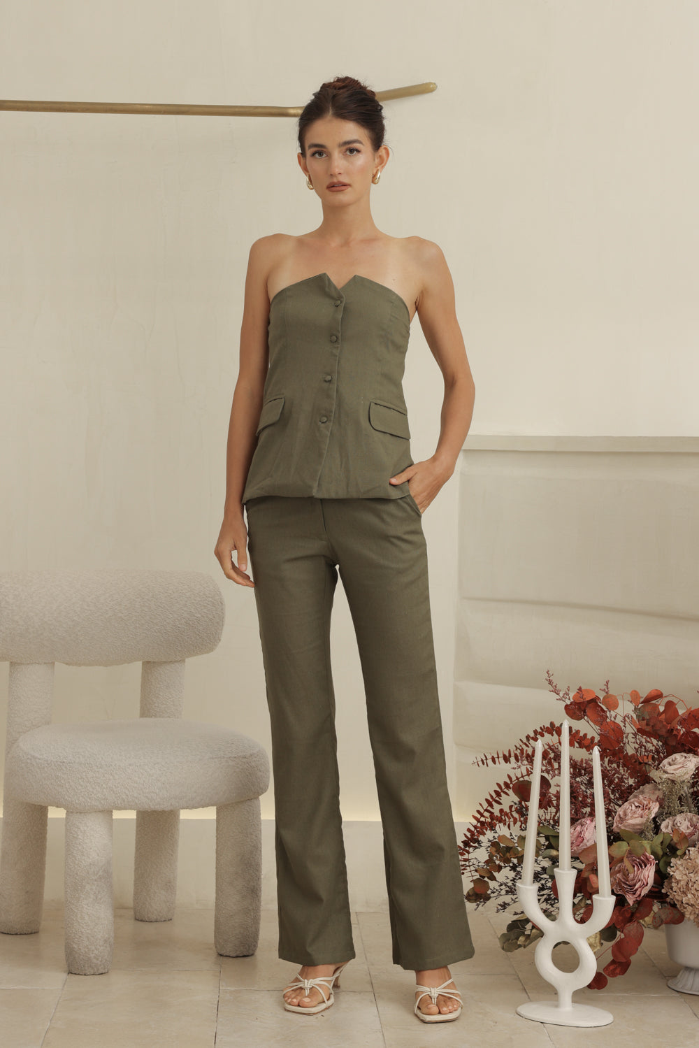 ROMILLY PANT SET Strapless Suit Top and Straight Cut Trouser (Olive Linen)