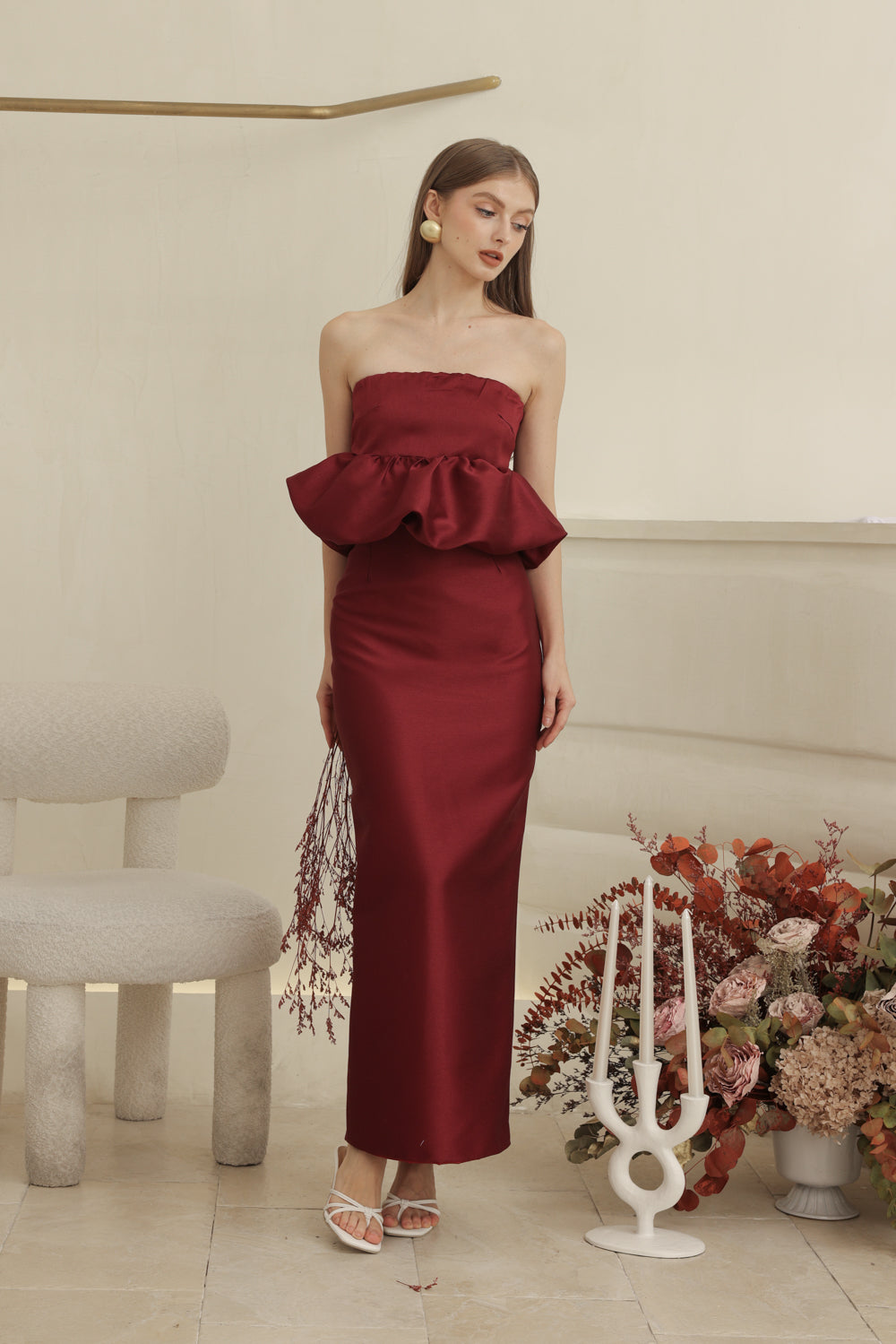 EMBER DRESS Strapless Peplum Top and Pencil  (Dark Maroon Gazaar)