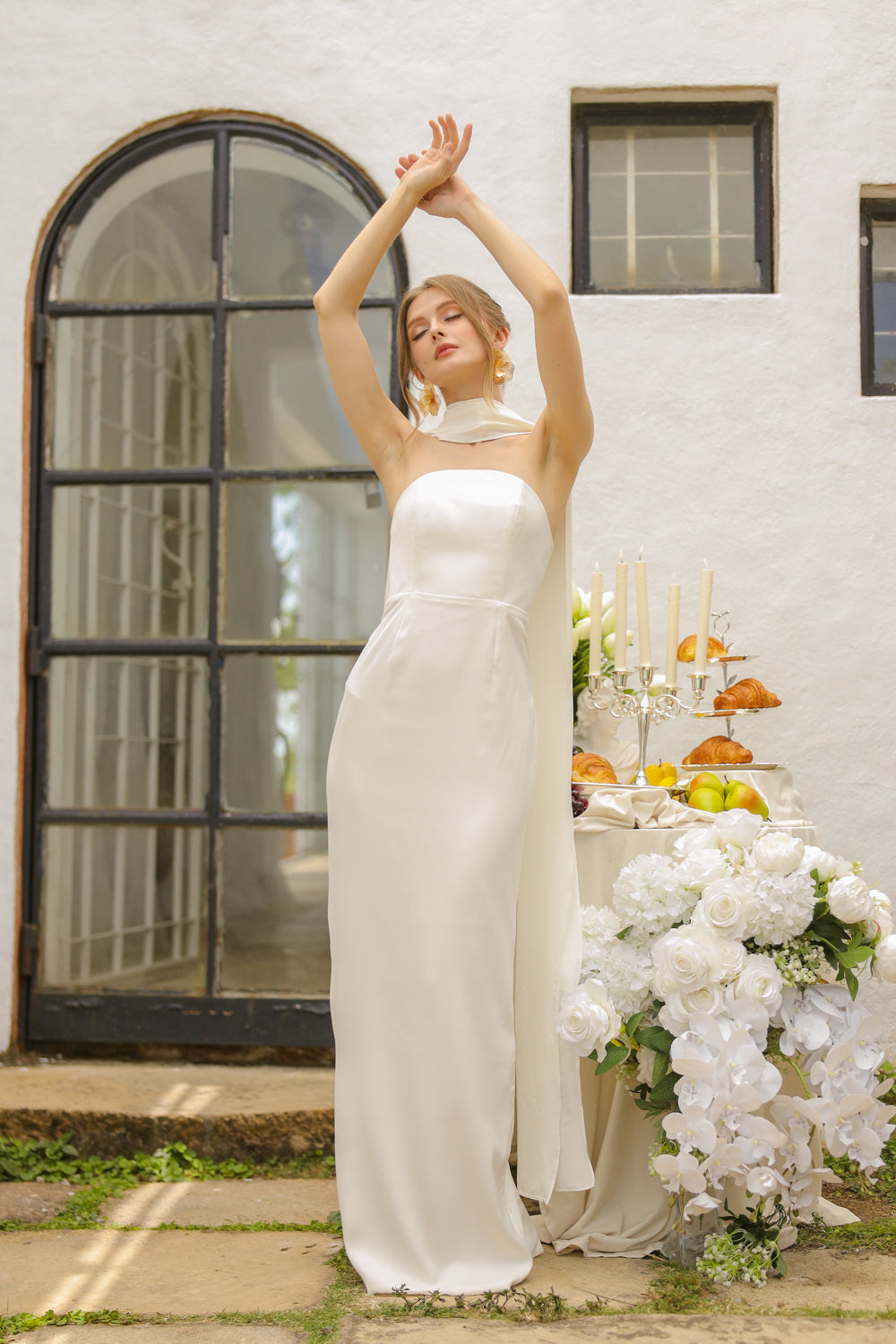 AMARA Curve Neckline Straight Cut Maxi with Sash Neckpiece (White Korean Silk) AMARA Curve Neckline Straight Cut Maxi with Sash Neckpiece (White Korean Silk)