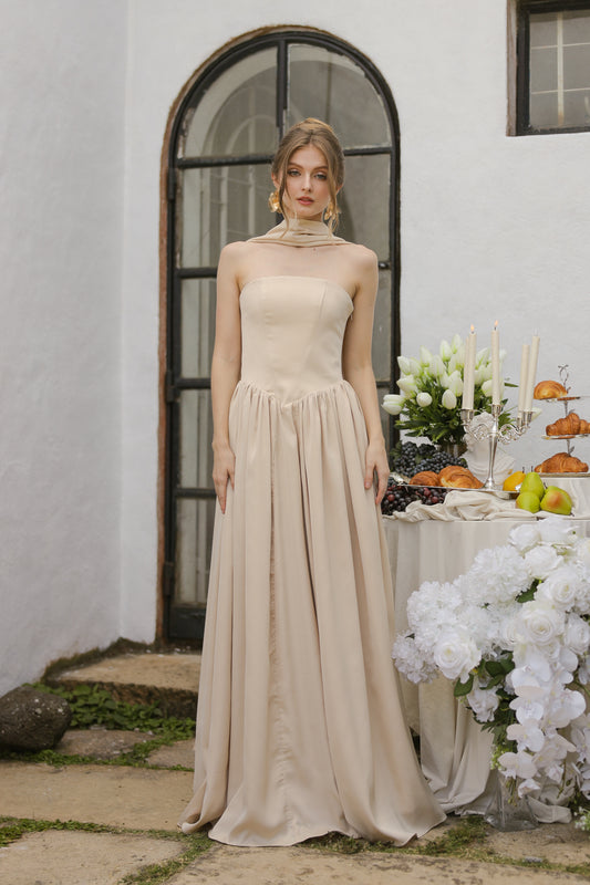 CLEO Strapless Drop Waist Maxi with Covered Button Back Detail and Sash Neckpiece (Nude Korean Silk)