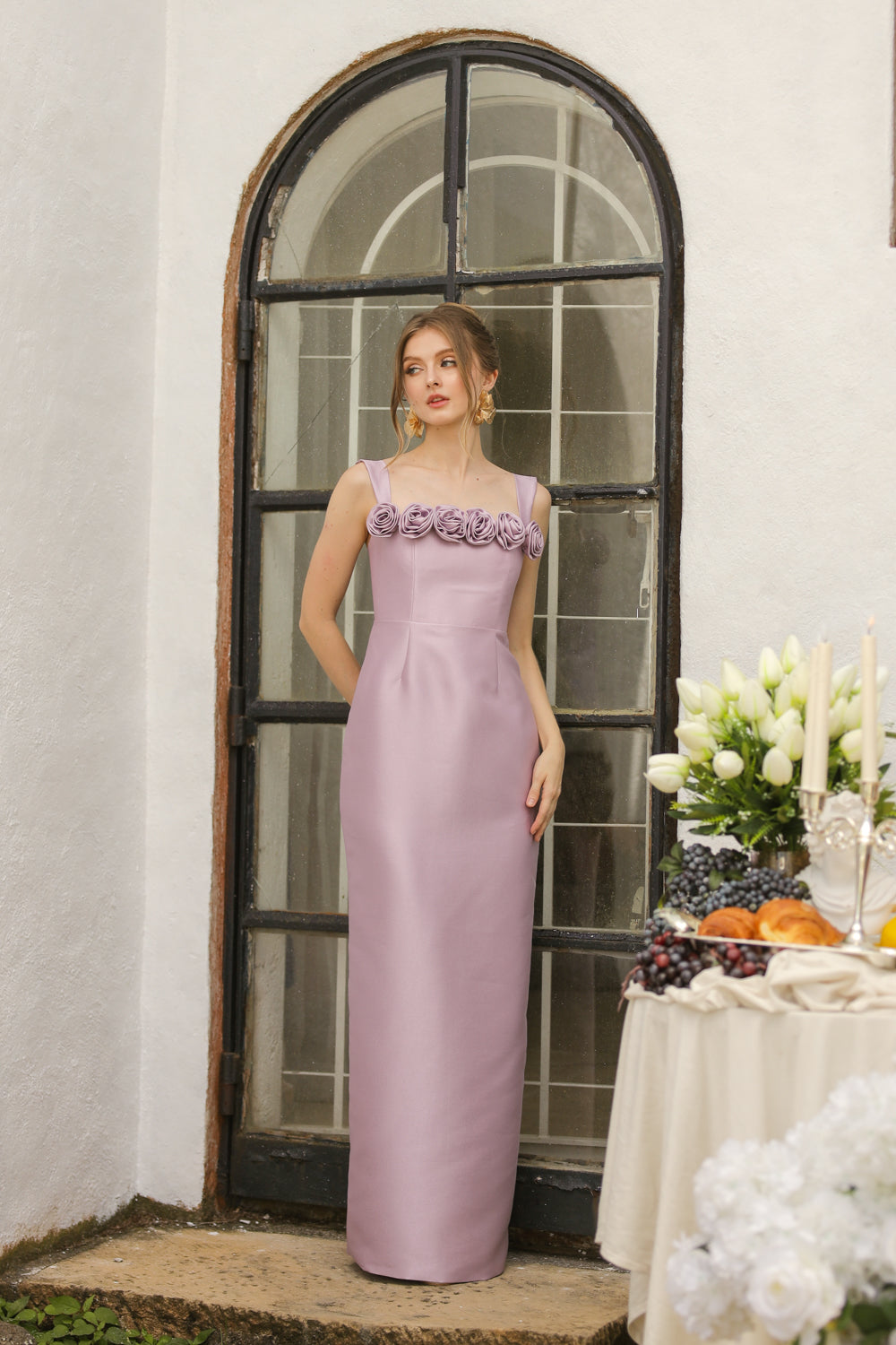 HELENE Strappy Straight Cut Gown with Flowers on Neckline (Lilac Gazaar)