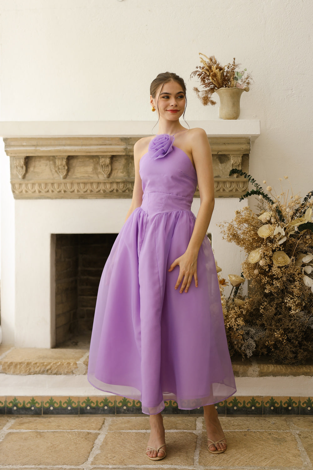 CELESTE Sleeveless Baroque Style Waist Midi Dress with Floral Detail on Neckline (Lavender Organza)