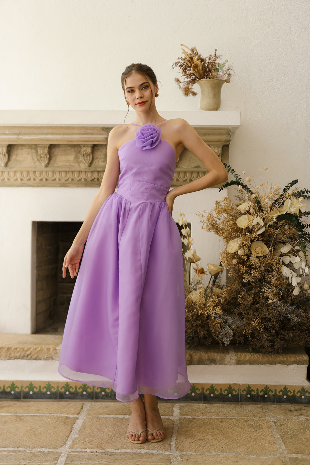 CELESTE Sleeveless Baroque Style Waist Midi Dress with Floral Detail on Neckline (Lavender Organza)