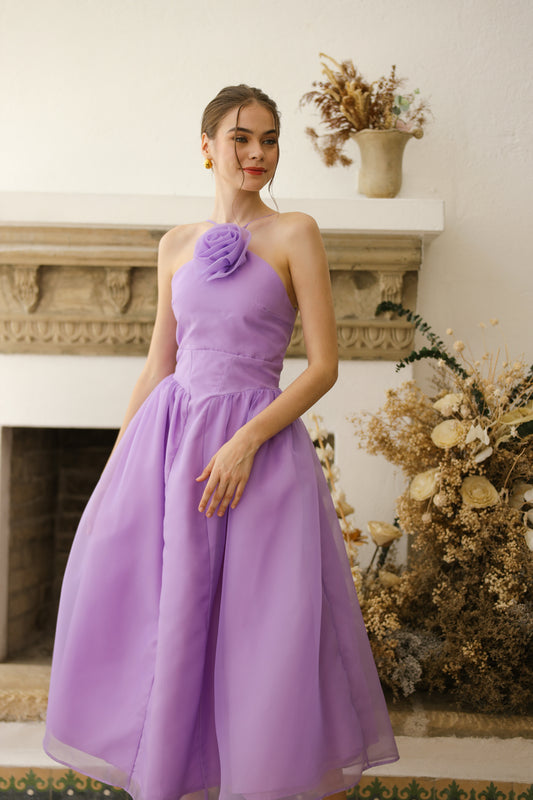 CELESTE Sleeveless Baroque Style Waist Midi Dress with Floral Detail on Neckline (Lavender Organza)