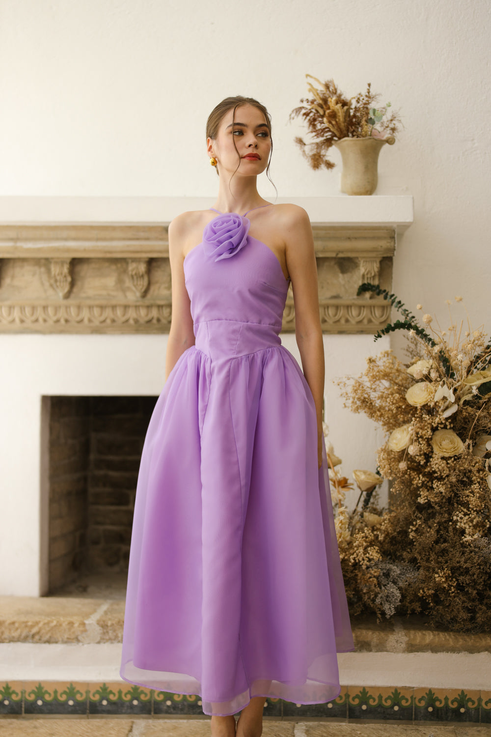 CELESTE Sleeveless Baroque Style Waist Midi Dress with Floral Detail on Neckline (Lavender Organza)