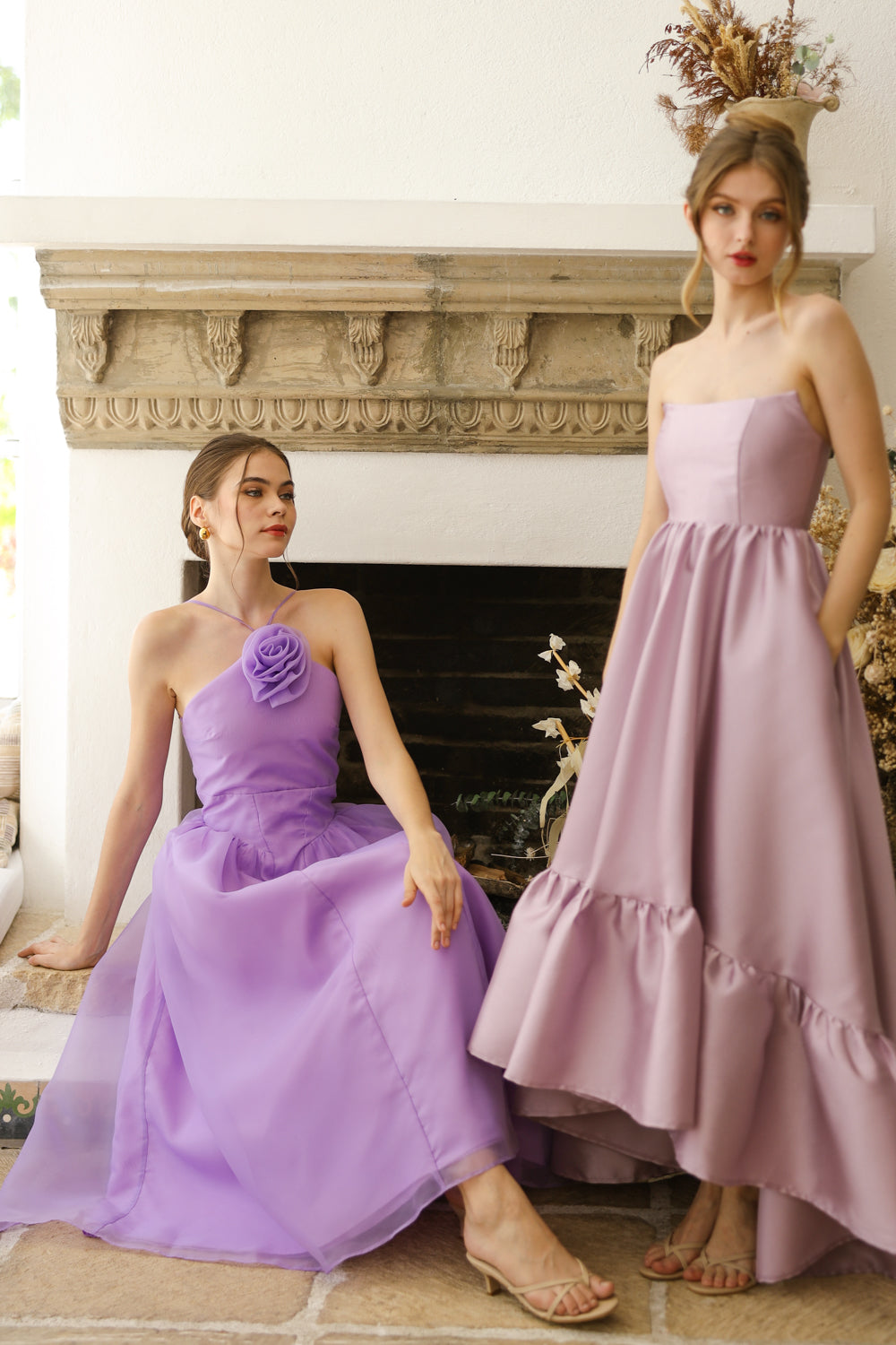 CELESTE Sleeveless Baroque Style Waist Midi Dress with Floral Detail on Neckline (Lavender Organza)