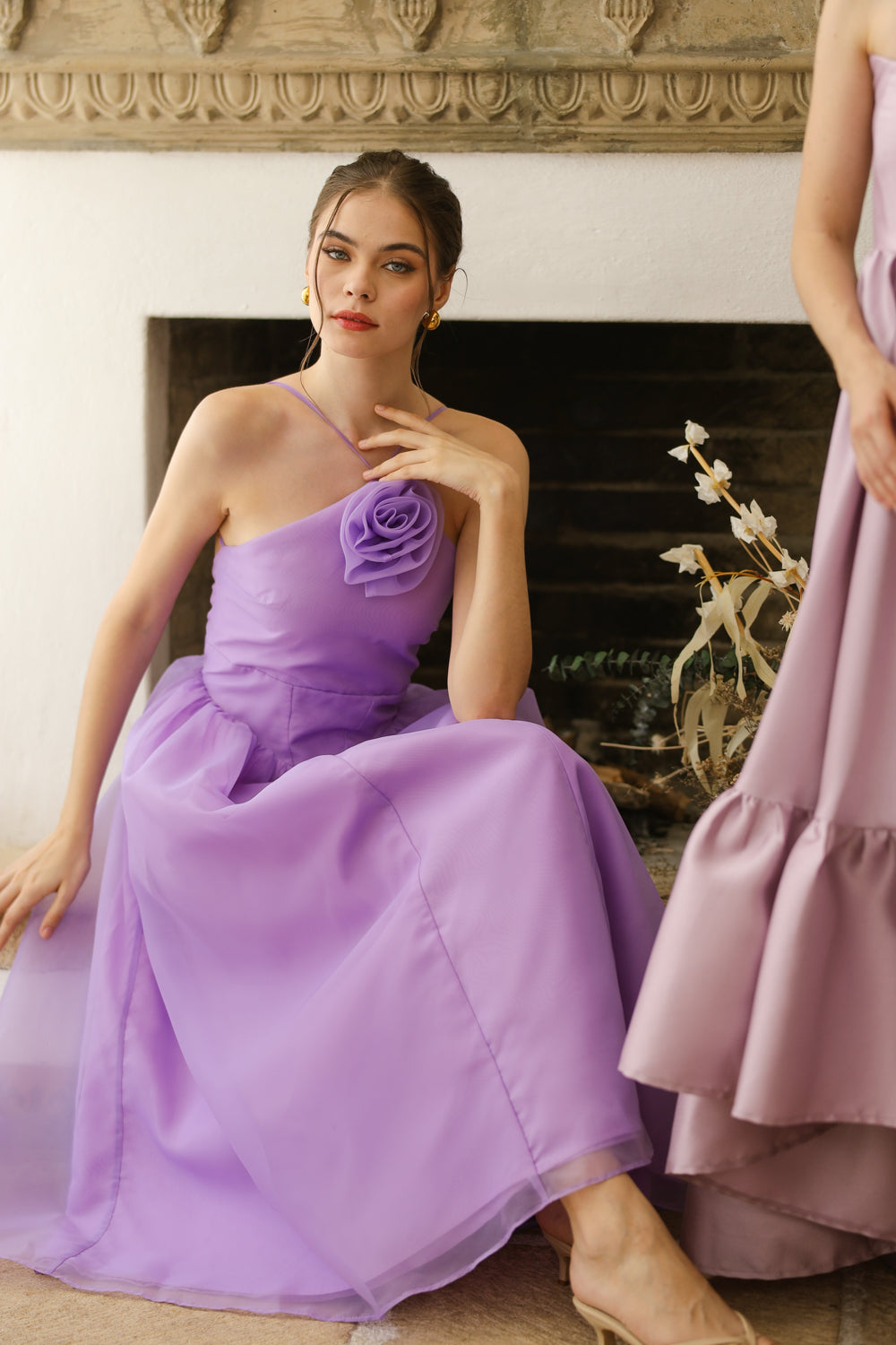 CELESTE Sleeveless Baroque Style Waist Midi Dress with Floral Detail on Neckline (Lavender Organza)