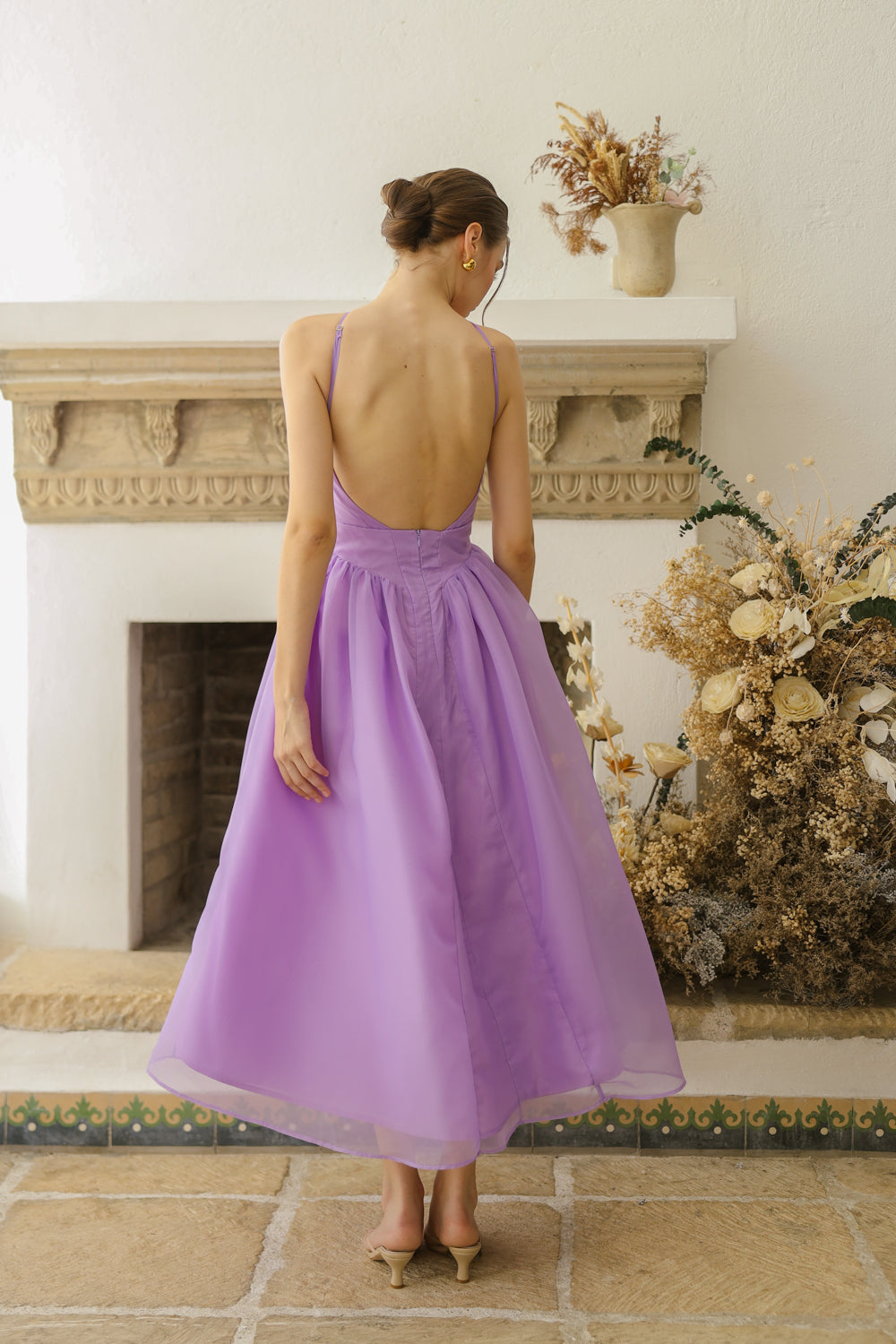 CELESTE Sleeveless Baroque Style Waist Midi Dress with Floral Detail on Neckline (Lavender Organza)
