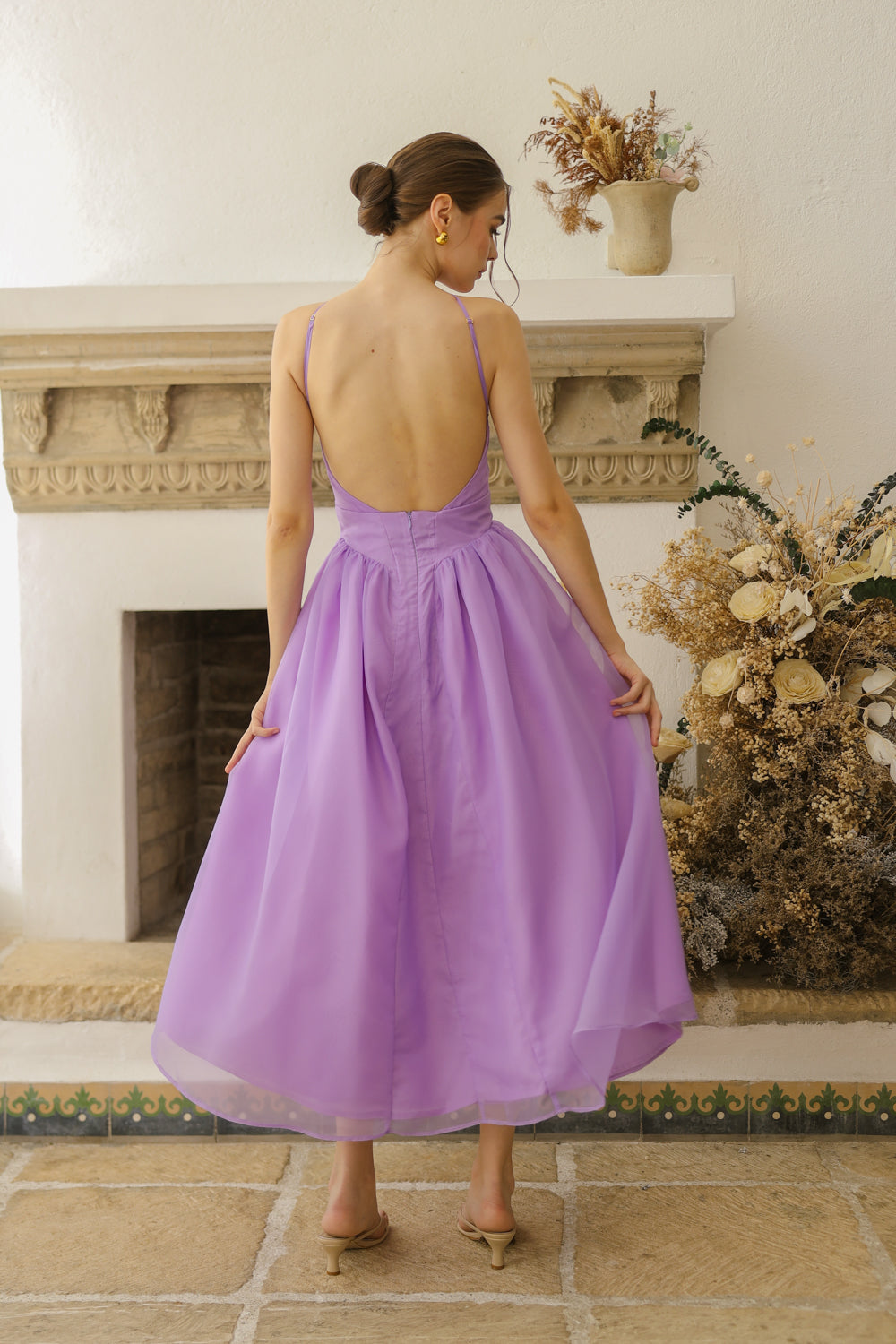 CELESTE Sleeveless Baroque Style Waist Midi Dress with Floral Detail on Neckline (Lavender Organza)