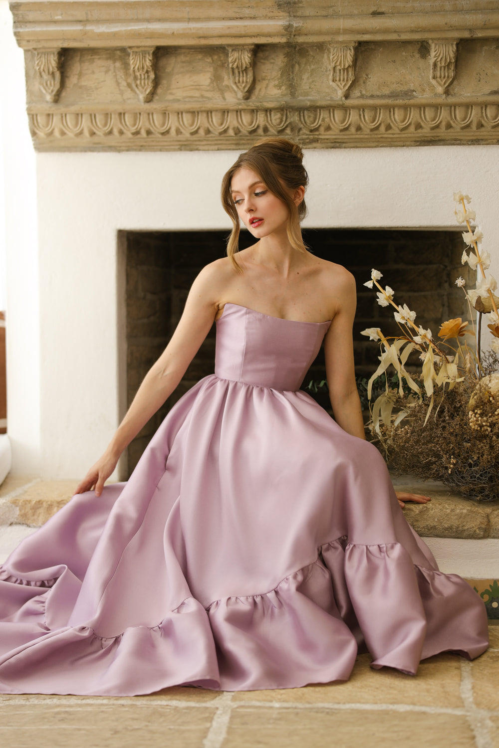 MADELEINE Strapless High Low Gown with Ruffle Hem (Lavender Gazaar)