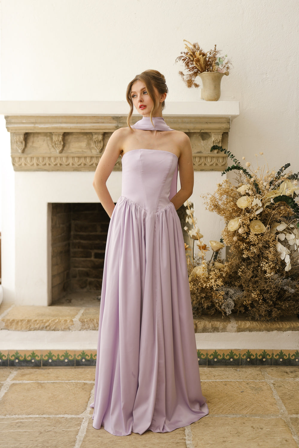 CLEO Strapless Drop Waist Maxi with Covered Button Back Detail and Sash Neckpiece (Lavender SC Silk)