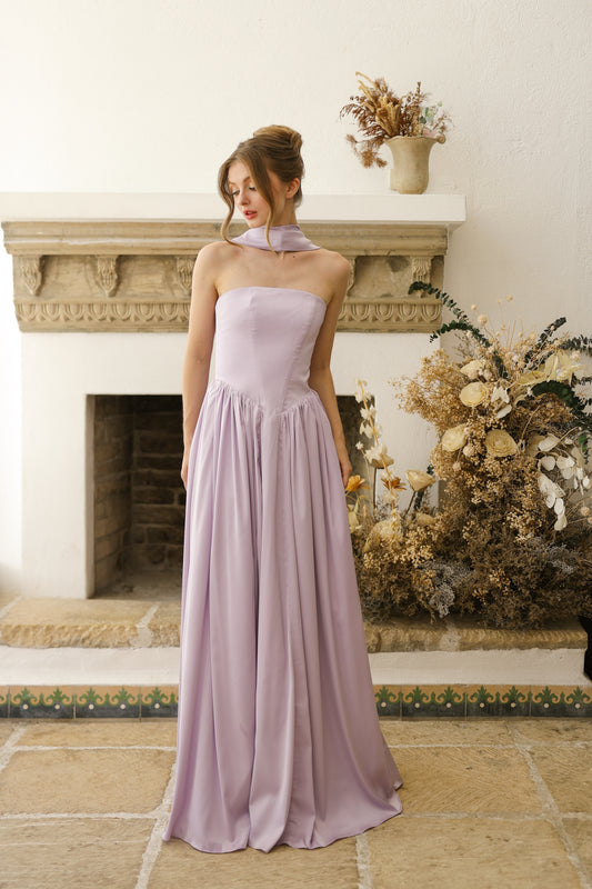 CLEO Strapless Drop Waist Maxi with Covered Button Back Detail and Sash Neckpiece (Lavender SC Silk)