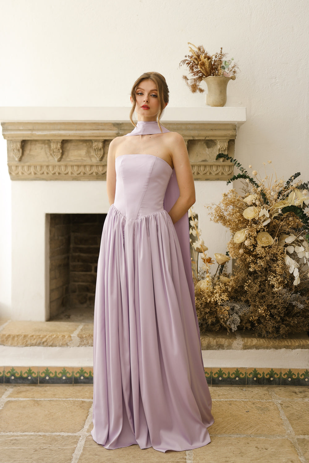 CLEO Strapless Drop Waist Maxi with Covered Button Back Detail and Sash Neckpiece (Lavender SC Silk)