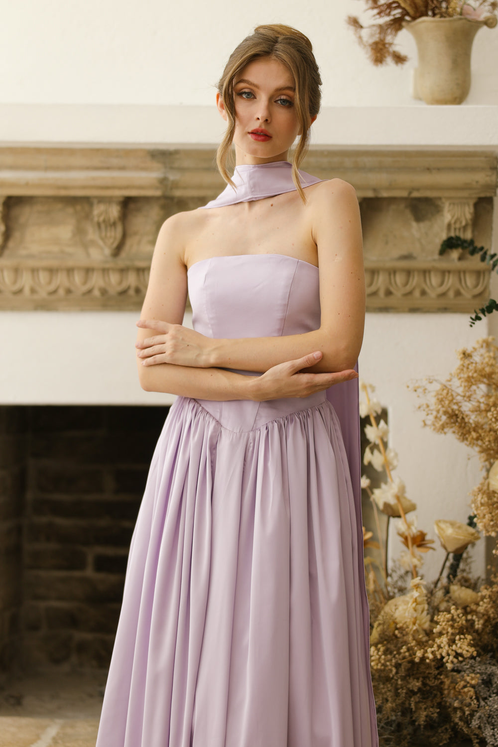 CLEO Strapless Drop Waist Maxi with Covered Button Back Detail and Sash Neckpiece (Lavender SC Silk)