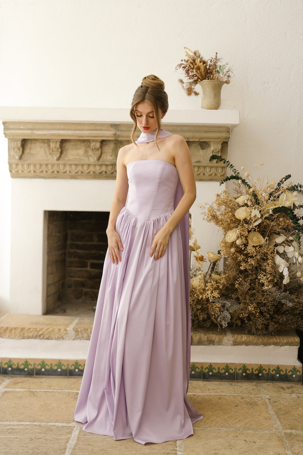 CLEO Strapless Drop Waist Maxi with Covered Button Back Detail and Sash Neckpiece (Lavender SC Silk)