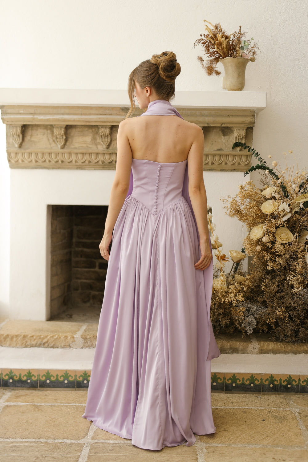 CLEO Strapless Drop Waist Maxi with Covered Button Back Detail and Sash Neckpiece (Lavender SC Silk)