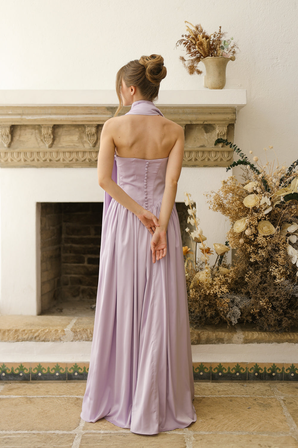 CLEO Strapless Drop Waist Maxi with Covered Button Back Detail and Sash Neckpiece (Lavender SC Silk)