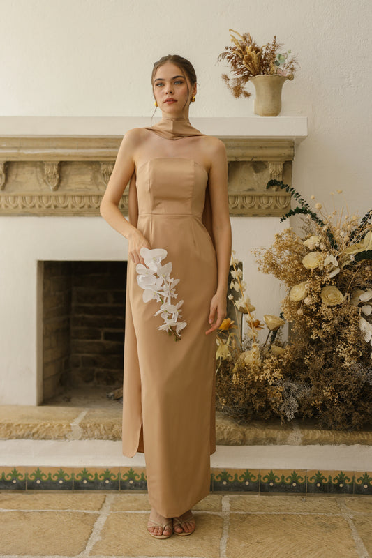 AMARA Curve Neckline Straight Cut Maxi with Sash Neckpiece (Light Brown Korean Silk)