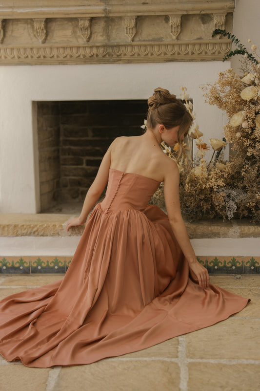 CLEO Strapless Drop Waist Maxi with Covered Button Back Detail and Sash Neckpiece (Light Brown Korean Silk)