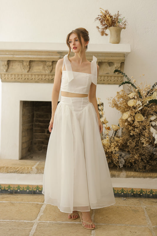 DOMIKA Sleeveless Bow Midi Dress with Drop Waist Shirred Skirt (Ivory White Matte Organdy)