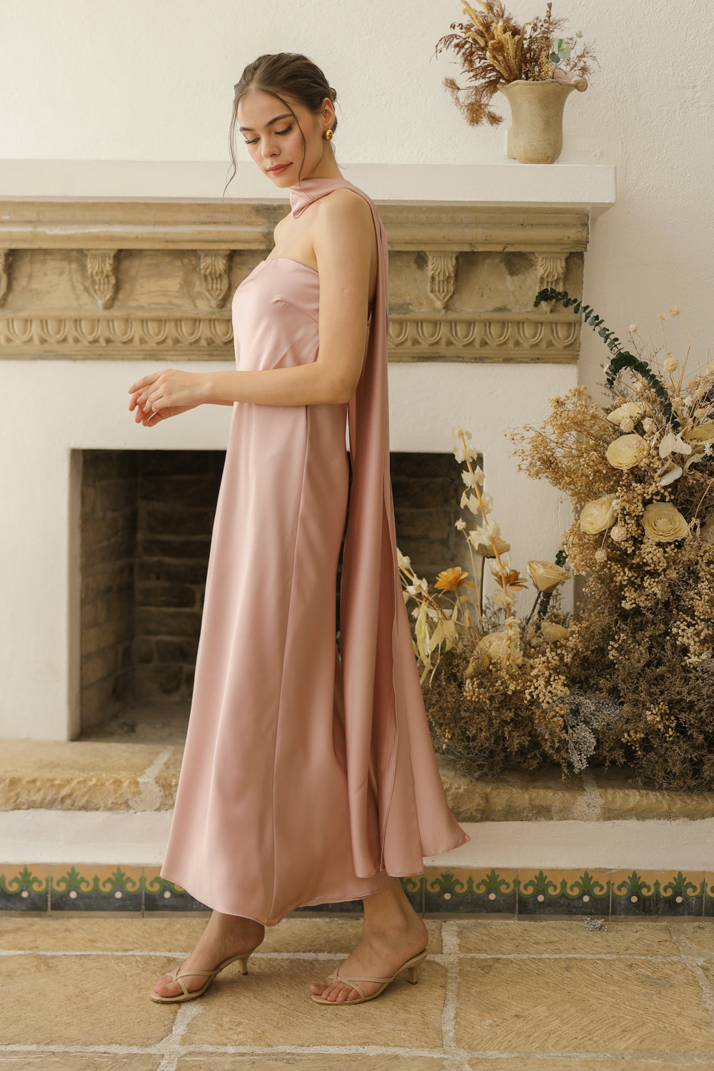 SOL Strapless Flowy Midi Dress with Sash Neckpiece (Blush Crepe Charmeuse Silk) SAME DAY DELIVERY - SMALL