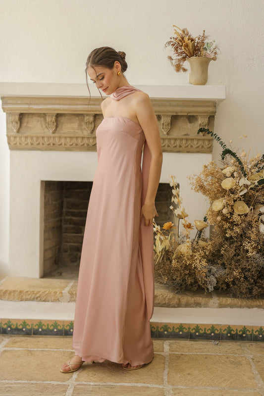 SELENA Strapless Flowy Maxi with Sash Neckpiece (Blush Charmeuse Silk)