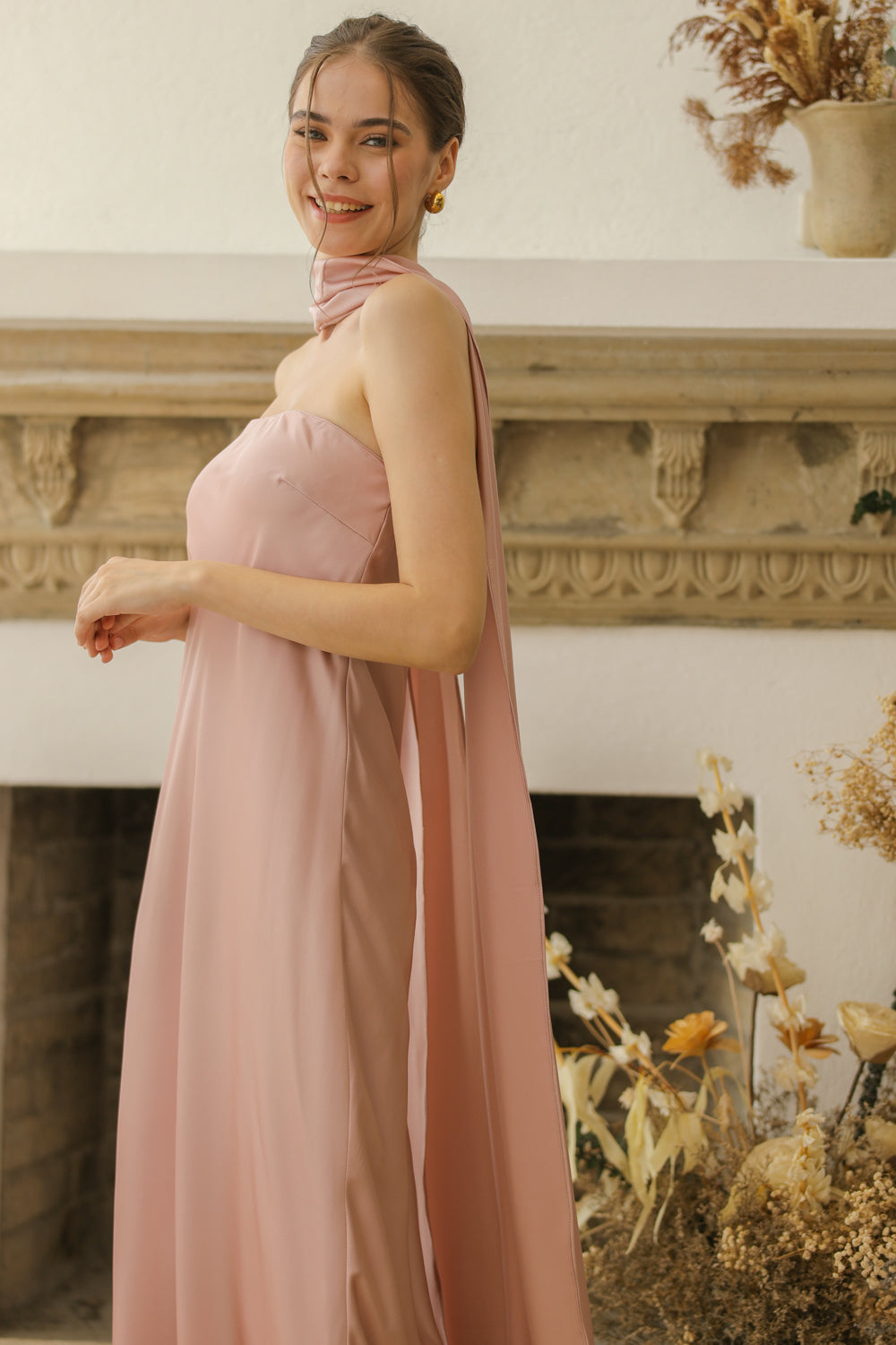 SELENA Strapless Flowy Maxi with Sash Neckpiece (Blush Charmeuse Silk)
