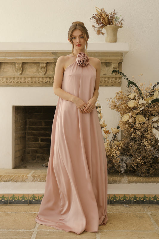 FLORA Flowy Maxi with Floral Detail on Neckline (Blush Crepe Charmeuse Silk)