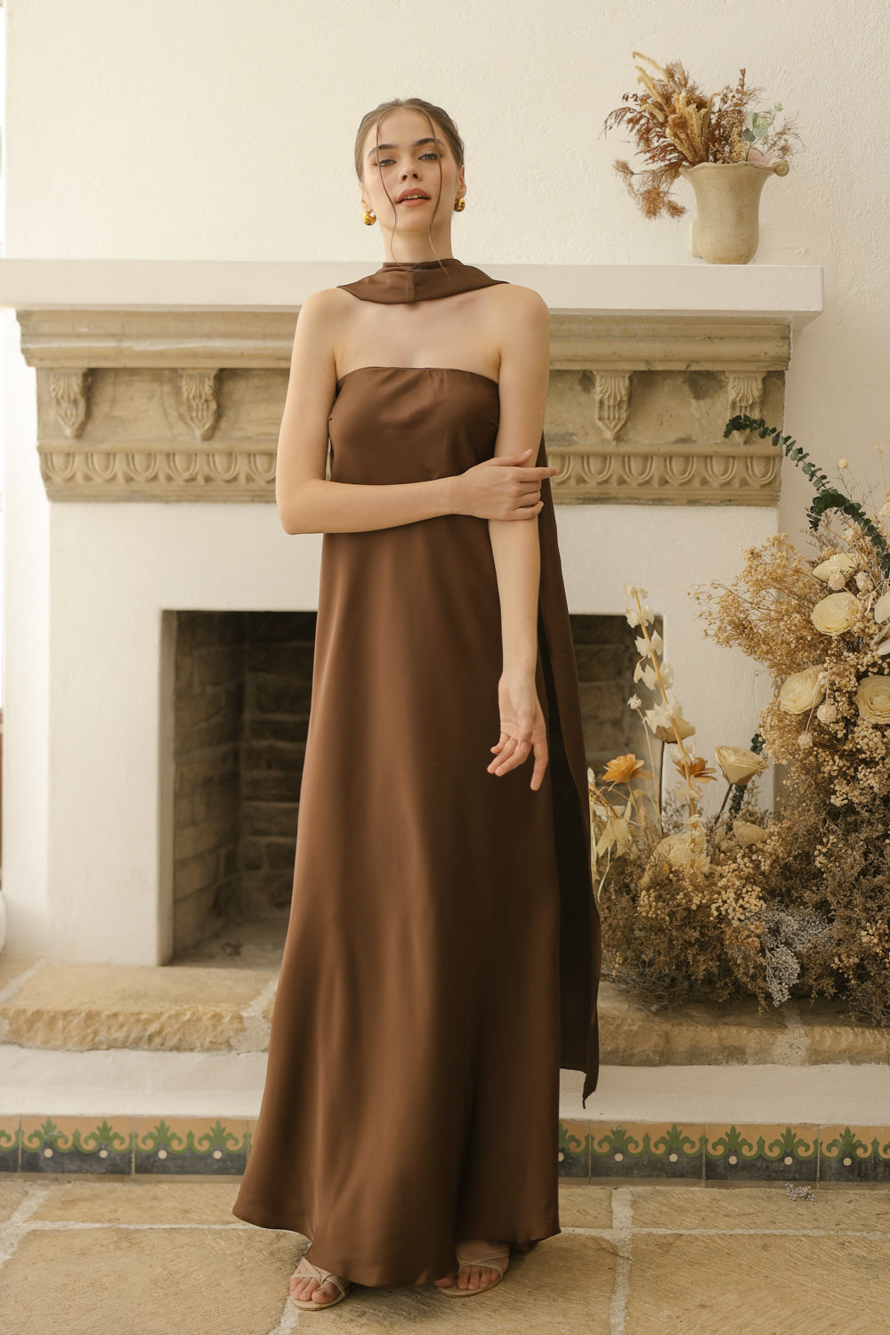 SELENA Strapless Flowy Maxi with Sash Neckpiece (Brown Charmeuse Silk)