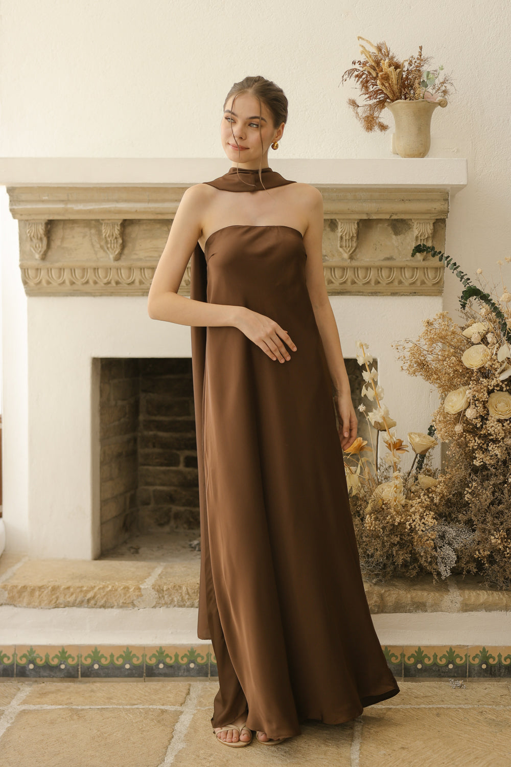 SELENA Strapless Flowy Maxi with Sash Neckpiece (Brown Charmeuse Silk)