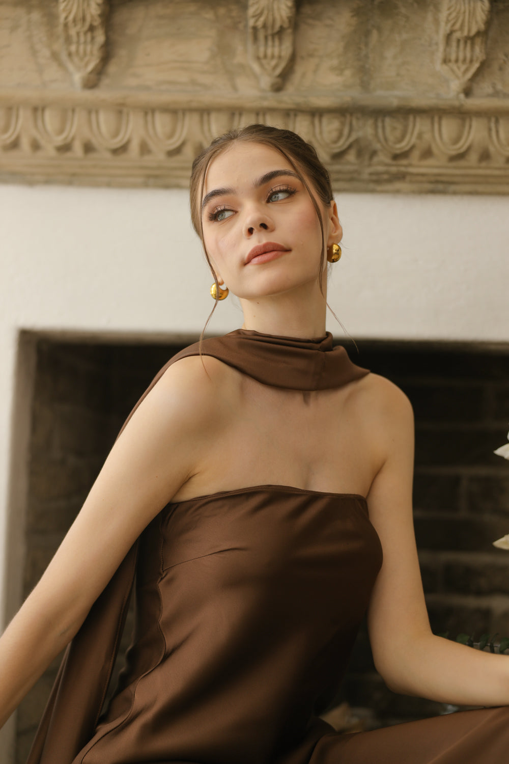 SELENA Strapless Flowy Maxi with Sash Neckpiece (Brown Charmeuse Silk)