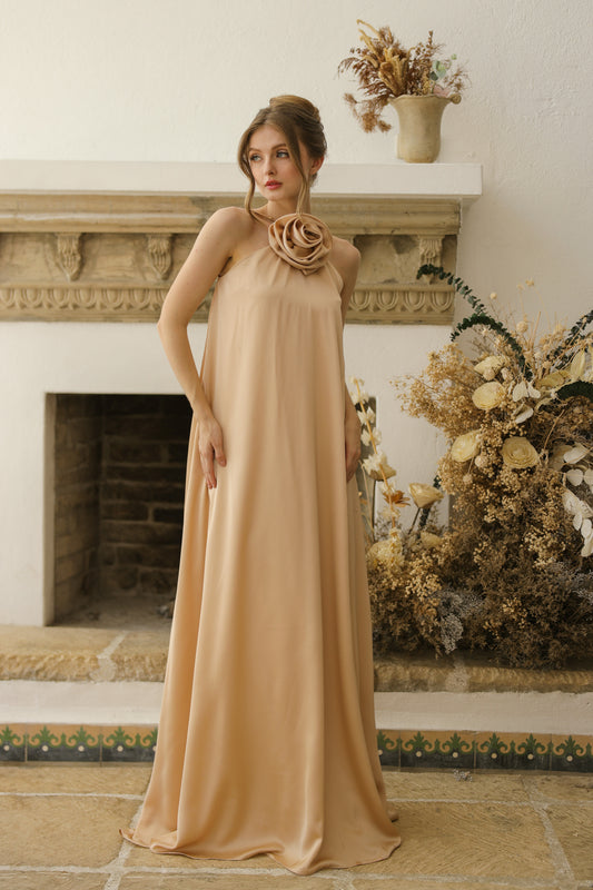 FLORA Flowy Maxi with Floral Detail on Neckline (Nude Crepe Charmeuse Silk)